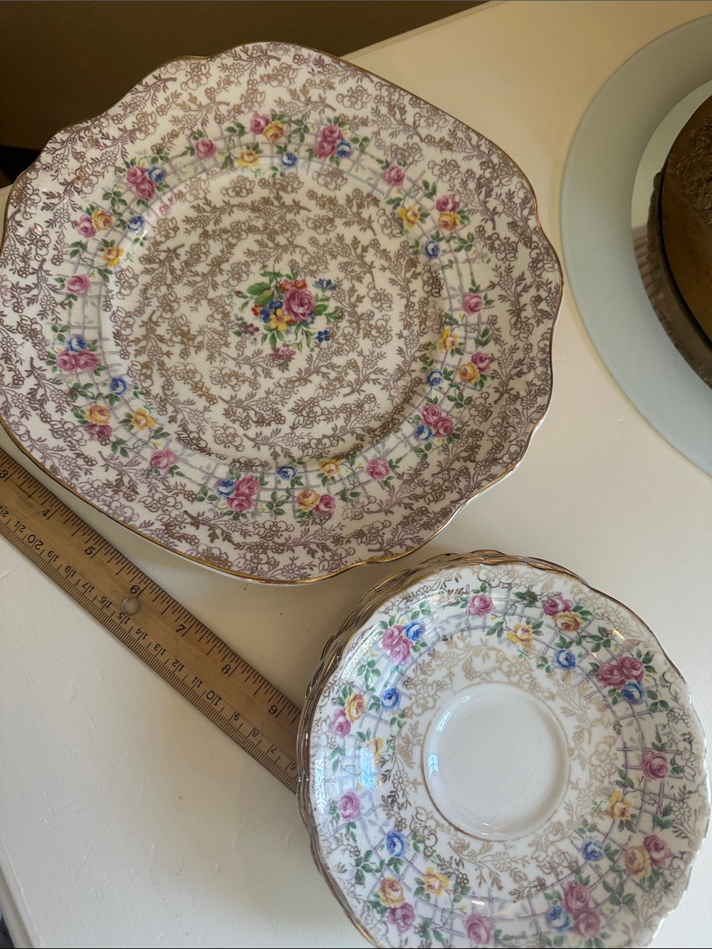 Trellis Rose by James Kent England Vintage Floral plate and 6 saucers
